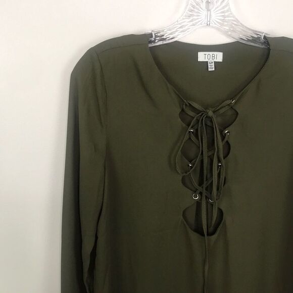 Tobi Army Green Lace Up Sheer Long Sleeve Blouse Women's Size Small - Picture 2 of 7